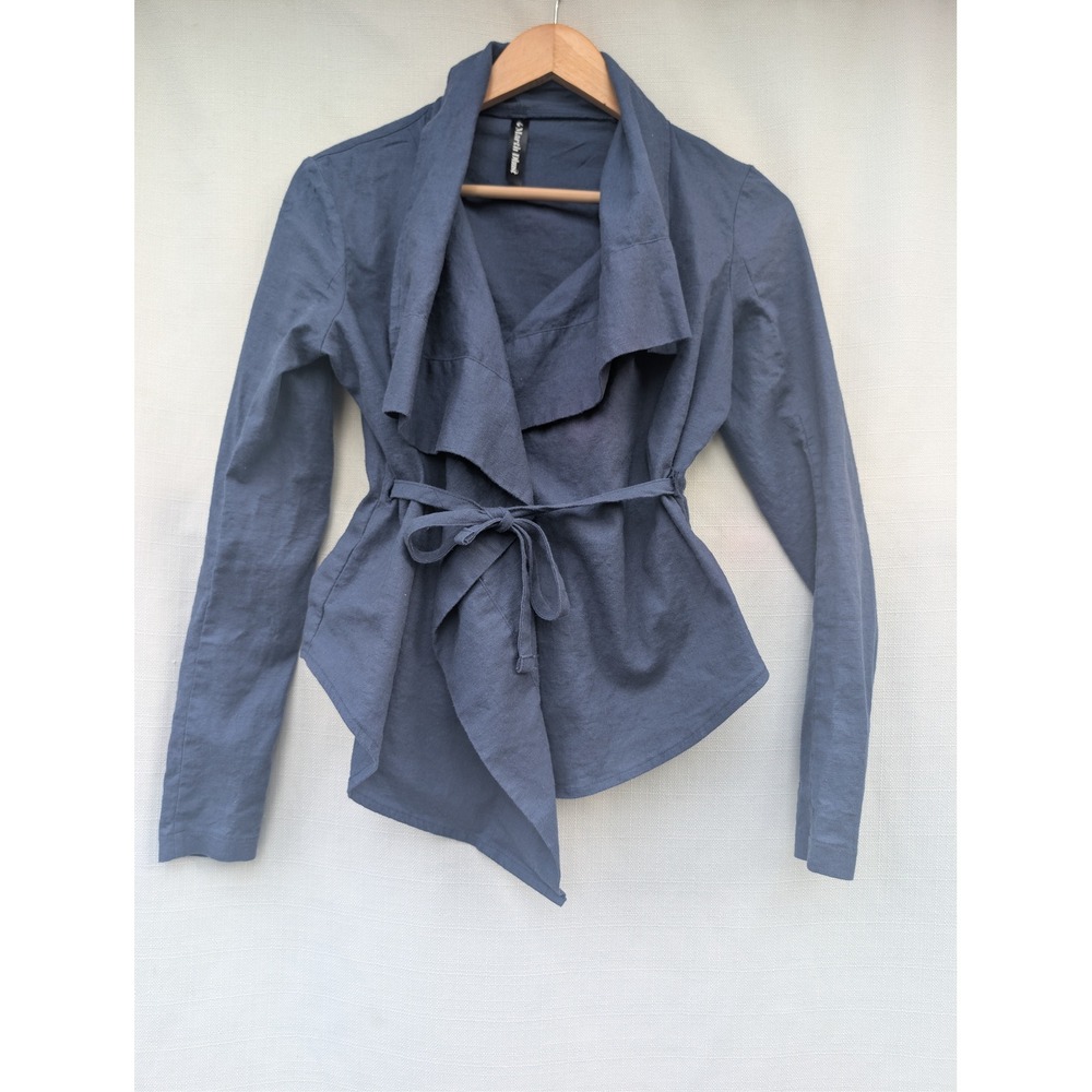 Martin Dhust Slate Blue Linen Blend Asymmetrical Waterfall Wrap Jacket Montreal